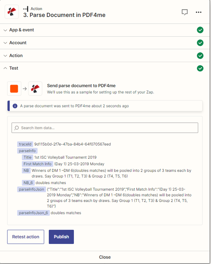 Zum Vergrößern bitte anklicken Ausgabe des Parse-Dokuments in Zapier, die die geparsten Felder anzeigt
