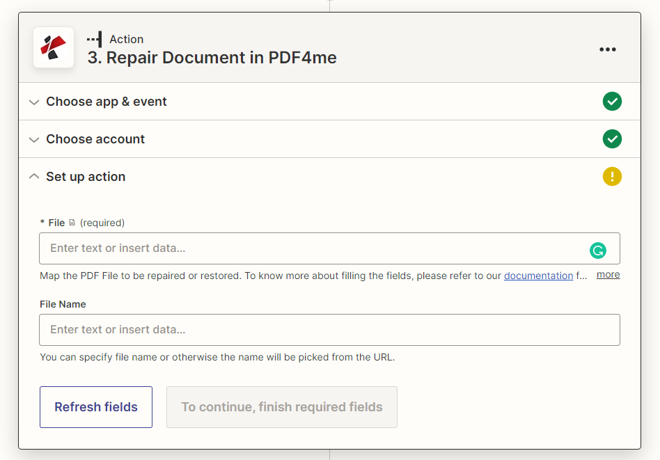 PDF4me-Reparaturdokument im Zapier-Aktionsfeld mit Anzeige der Felder „Datei“ (erforderlich) und „Dateiname“.