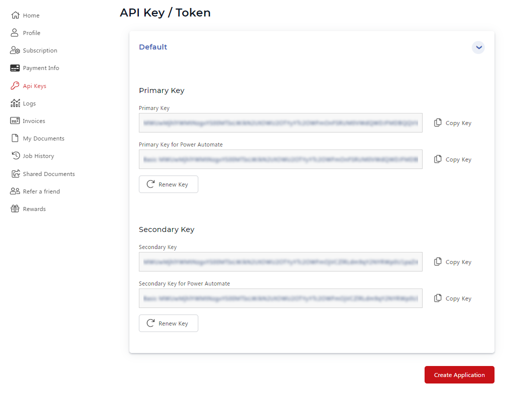 Portal para desarrolladores de PDF4me que muestra la sección de claves API con una clave lista para copiar.