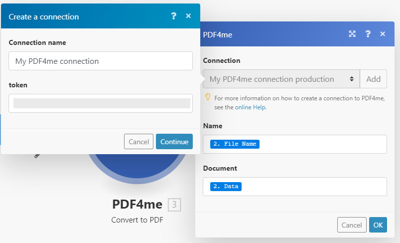 Mostrar el cuadro de diálogo de conexión de PDF4me con el campo de clave API.