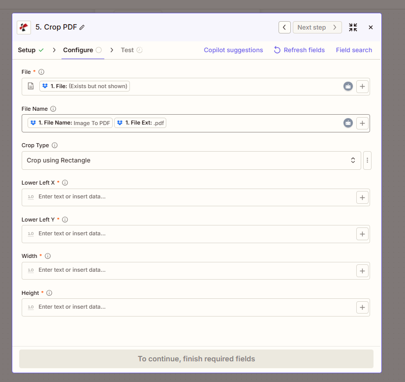 Acción de recorte de PDF de Zapier PDF4me usando el método Borde mostrando el campo Archivo, Tipo de recorte establecido en Recortar usando Borde, y entradas Borde izquierdo, Borde derecho, Borde superior, Borde inferior configuradas