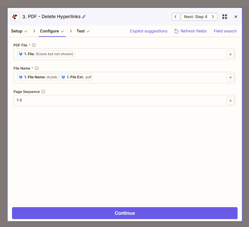 Zapier PDF4me PDF - Acción Eliminar hipervínculos que muestra el campo Archivo PDF obligatorio, el campo Nombre de archivo obligatorio mapeado desde los tokens Nombre de archivo y Extensión de archivo, y la Secuencia de página opcional establecida en 1-2