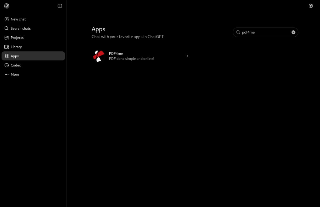Haz clic para ampliar Resultados de búsqueda de ChatGPT Apps para pdf4me que muestran la aplicación PDF4me con logotipo y descripción PDF hecho de forma sencilla y en línea