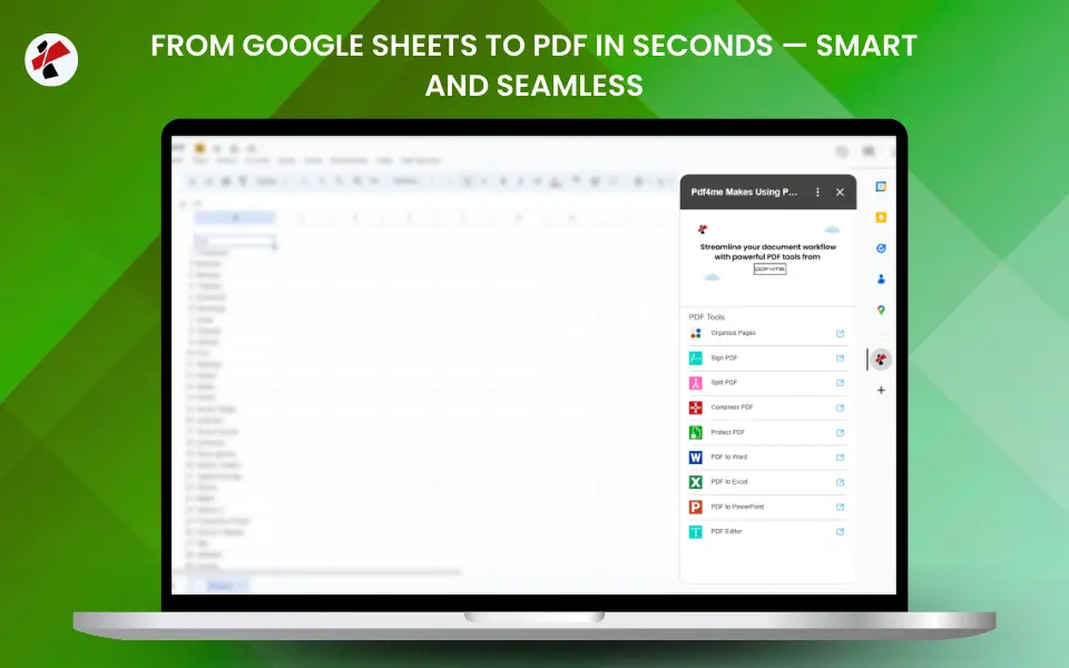 Haz clic para ampliar PDF4me es un complemento para Google Workspace que muestra todas las funciones disponibles, incluyendo herramientas de procesamiento de PDF como conversión, edición, organización, compresión, funciones de seguridad y opciones de flujo de trabajo en una interfaz visual.