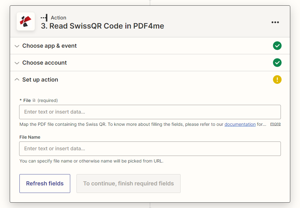 Haz clic para ampliar Zapier Read SwissQR Code configura el panel de acciones que muestra los campos Archivo requerido y Nombre de archivo opcional.