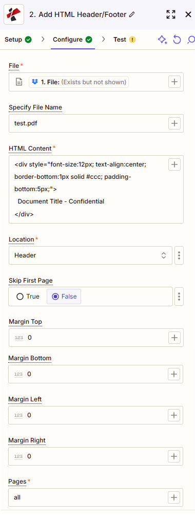 PDF4me Agregar encabezado y pie de página HTML a la acción PDF en Zapier