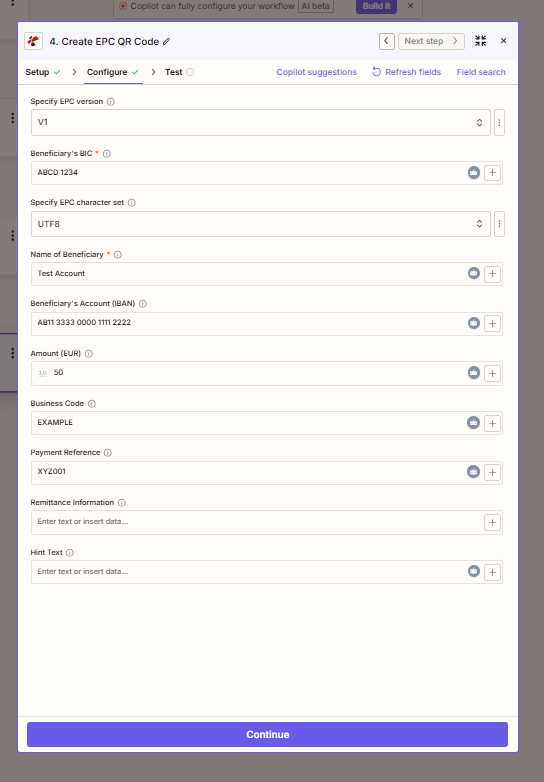 Cliquez pour agrandir Action Zapier PDF4me Créer un code QR EPC affichant les champs suivants : Spécifier la version EPC, BIC du bénéficiaire (obligatoire), Spécifier le jeu de caractères EPC, Nom du bénéficiaire (obligatoire), IBAN du compte du bénéficiaire, Montant en EUR, Code d'entreprise, Référence de paiement, Informations de virement et Texte d'aide