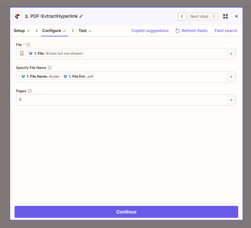 Cliquez pour agrandir Configuration de l'action Zapier PDF4me Extraire les hyperliens d'un PDF : champ Fichier, nom du fichier défini sur drylab.pdf et nombre de pages défini sur 2 pour l'extraction ciblée.