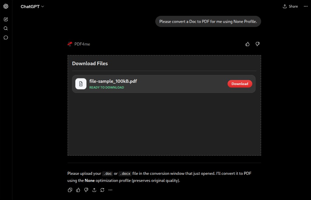 Le widget PDF4me Download Files dans ChatGPT affiche le fichier file-sample_100kB.pdf avec la mention « PRÊT À TÉLÉCHARGER » et un bouton de téléchargement rouge.