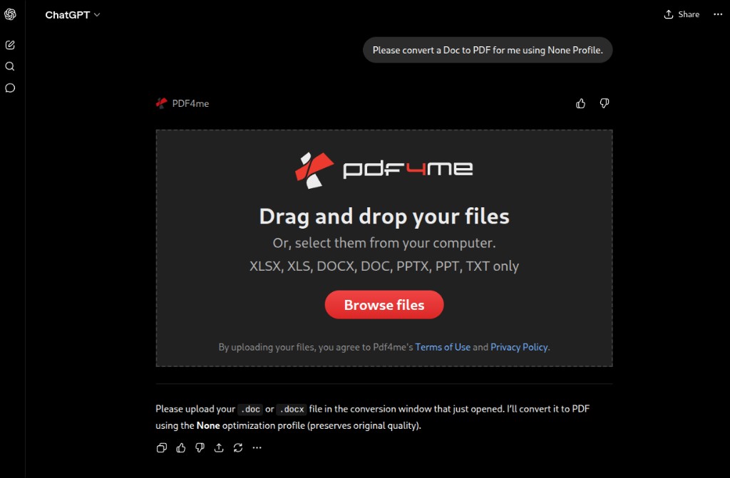 Widget unggah PDF4me di ChatGPT dengan fitur seret dan lepas file, format yang didukung XLSX XLS DOCX DOC PPTX PPT TXT, dan tombol Jelajahi file.