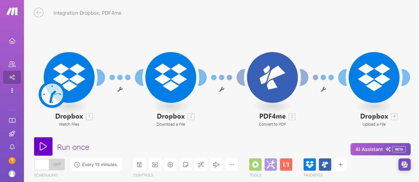 PDF4me Crea uno scenario di esempio che mostri i moduli collegati in un flusso di lavoro visivo
