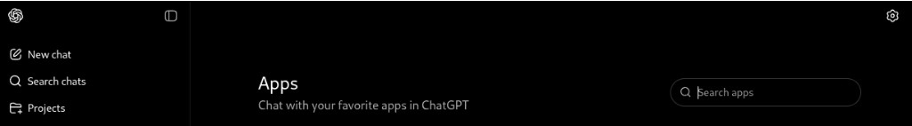 Clicca per ingrandire Intestazione dell'app ChatGPT con barra laterale contenente la voce "App", il titolo dell'app, il sottotitolo e il campo "Cerca app".