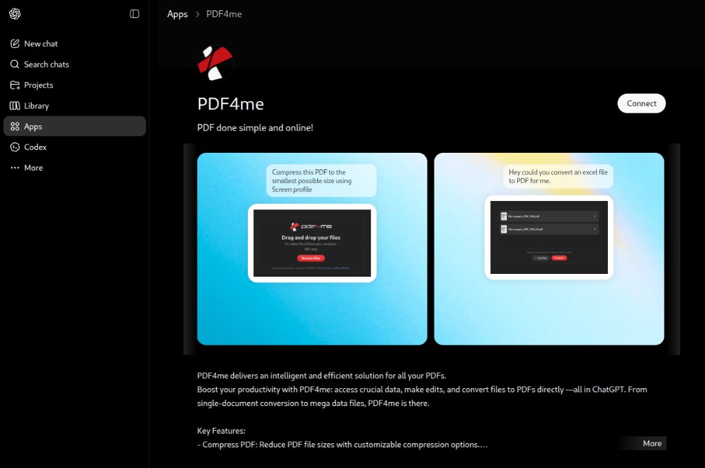 Clicca per ingrandire Pagina dell'app ChatGPT PDF4me con percorso di navigazione App migliori di PDF4me, slogan PDF facile e online e pulsante Connetti