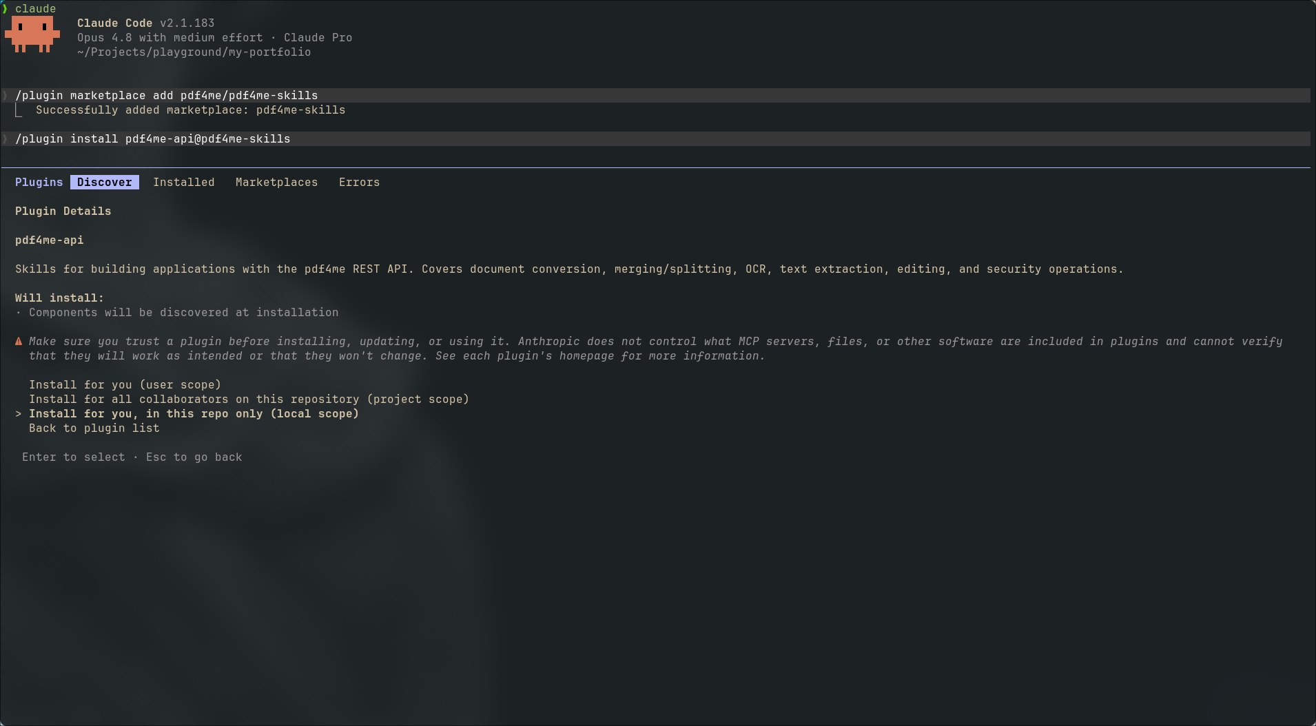 Clicca per ingrandire Schermata di installazione del plugin Claude Code per pdf4me-api con opzioni di ambito utente, progetto e locale