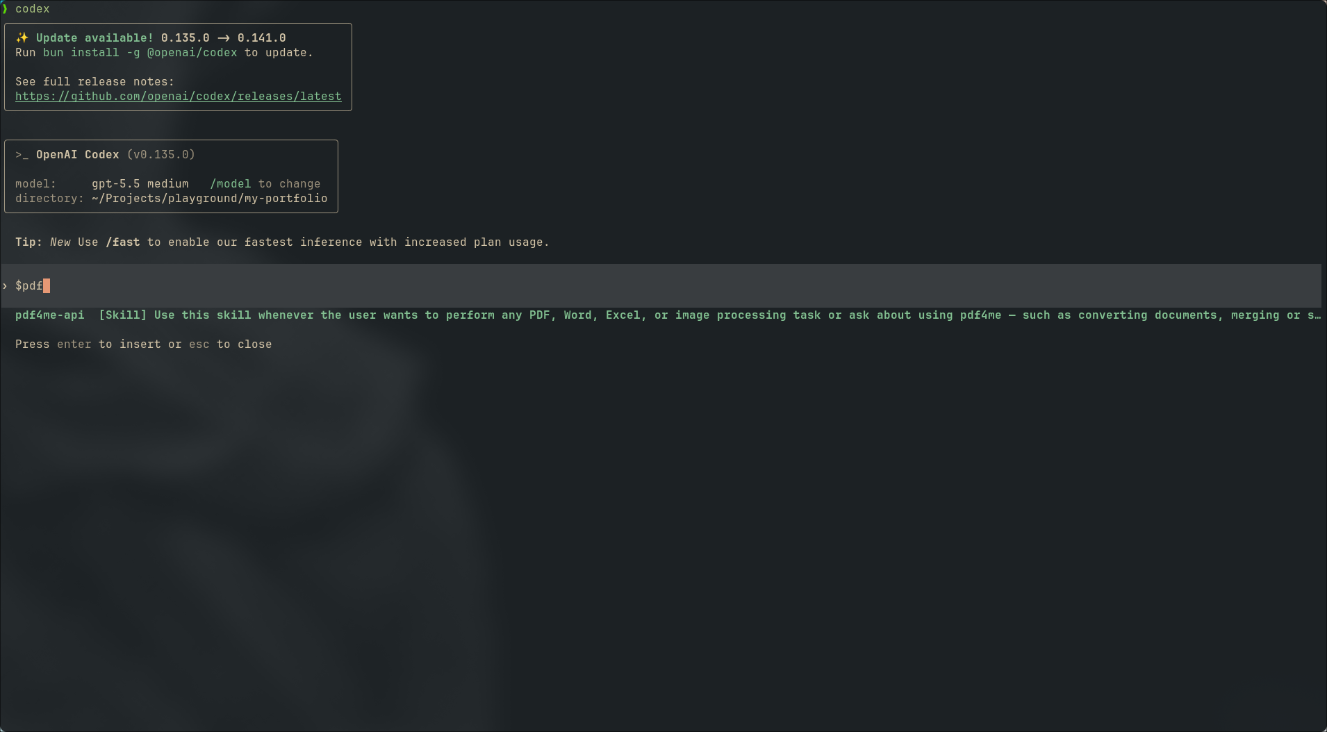 O OpenAI Codex sugere a Skill pdf4me-api quando o usuário digita "pdf" no prompt.