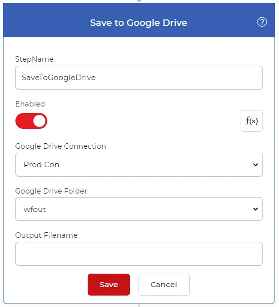 Clique para ampliar Ação "Salvar no Google Drive" para salvar arquivos de saída.