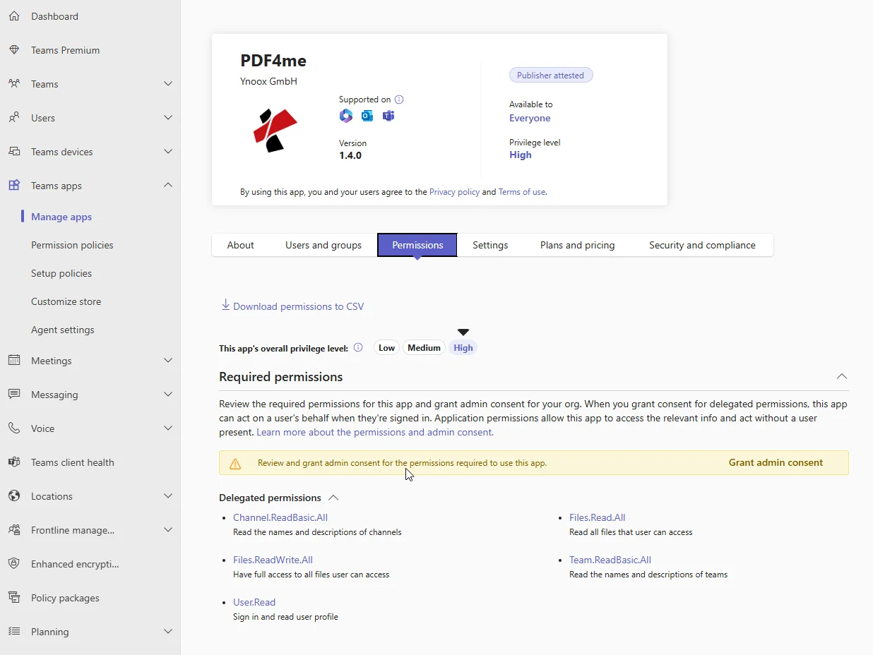 Büyütmek için tıklayın Microsoft Teams yönetim merkezindeki PDF4me uygulaması izinleri sayfasında, "Gerekli izinler" bölümü ve "Yönetici onayı ver" düğmesinin vurgulanmış hali gösterilmektedir.