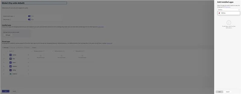 点击放大 在 Microsoft Teams 管理中心的“添加已安装应用”面板中,PDF4me 搜索结果显示“选择”和“添加”按钮高亮显示。