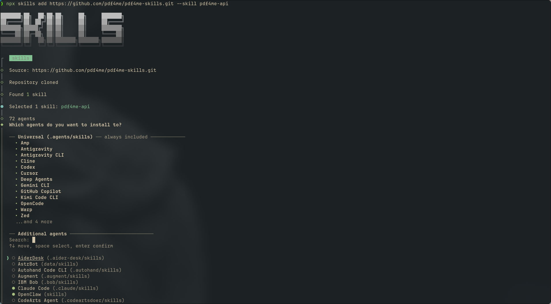 CLI代理选择器列表中包含Cursor、Copilot、Codex、Cline和Claude Code等72个受支持的代理。