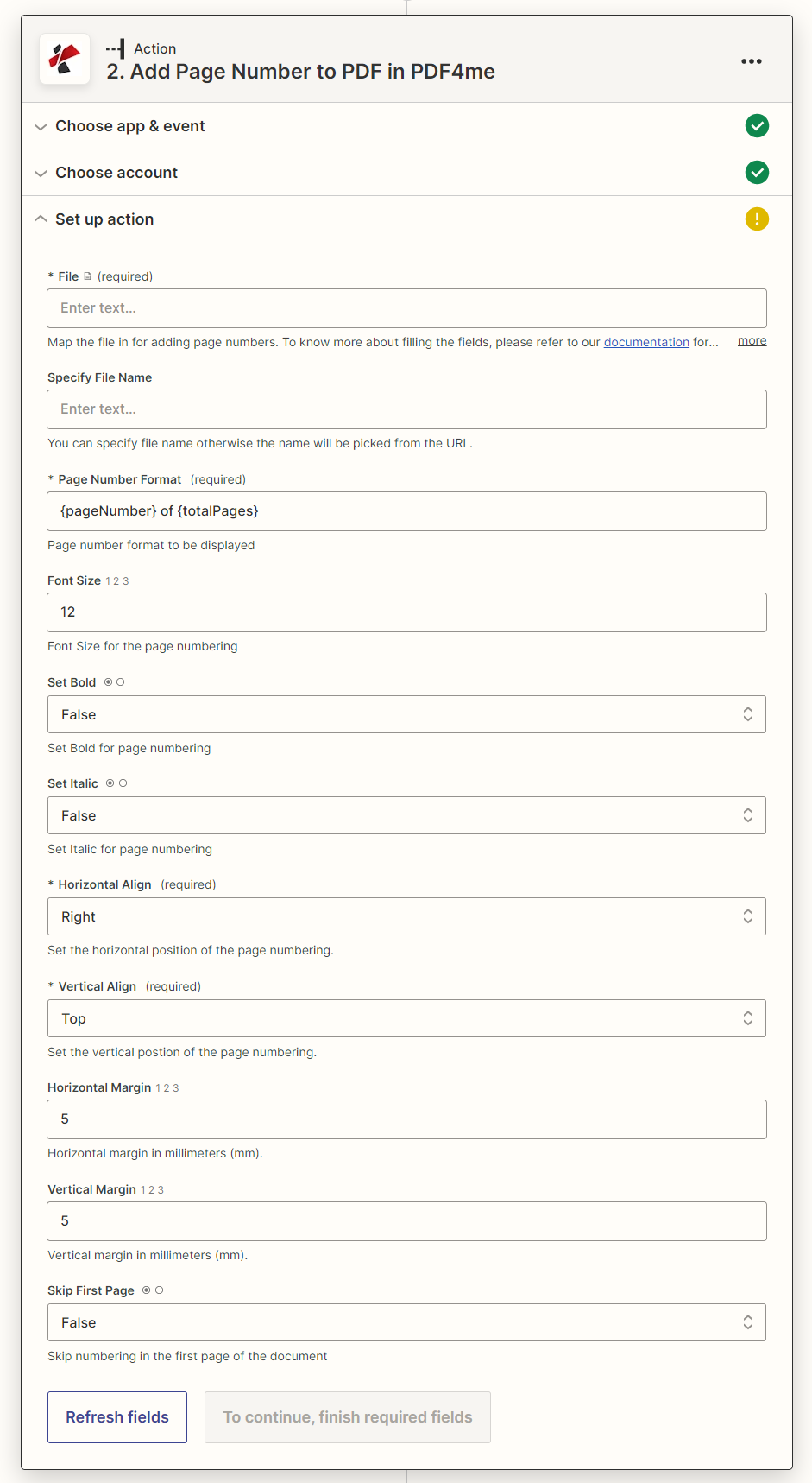 Zapier 中的“向 PDF 添加页码”操作：PDF4me